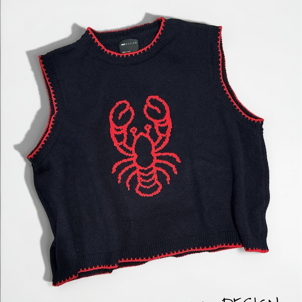 ASOS DESIGN Lobster Knit Sweater Vest in Black & Red - Size 12-14